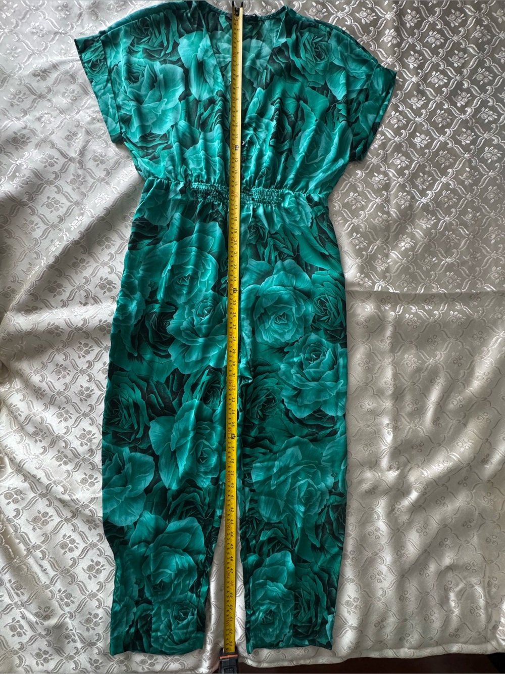 Zara Green Floral Jumpsuit Size L Tapered Leg Side Pockets - Picture 7 of 7